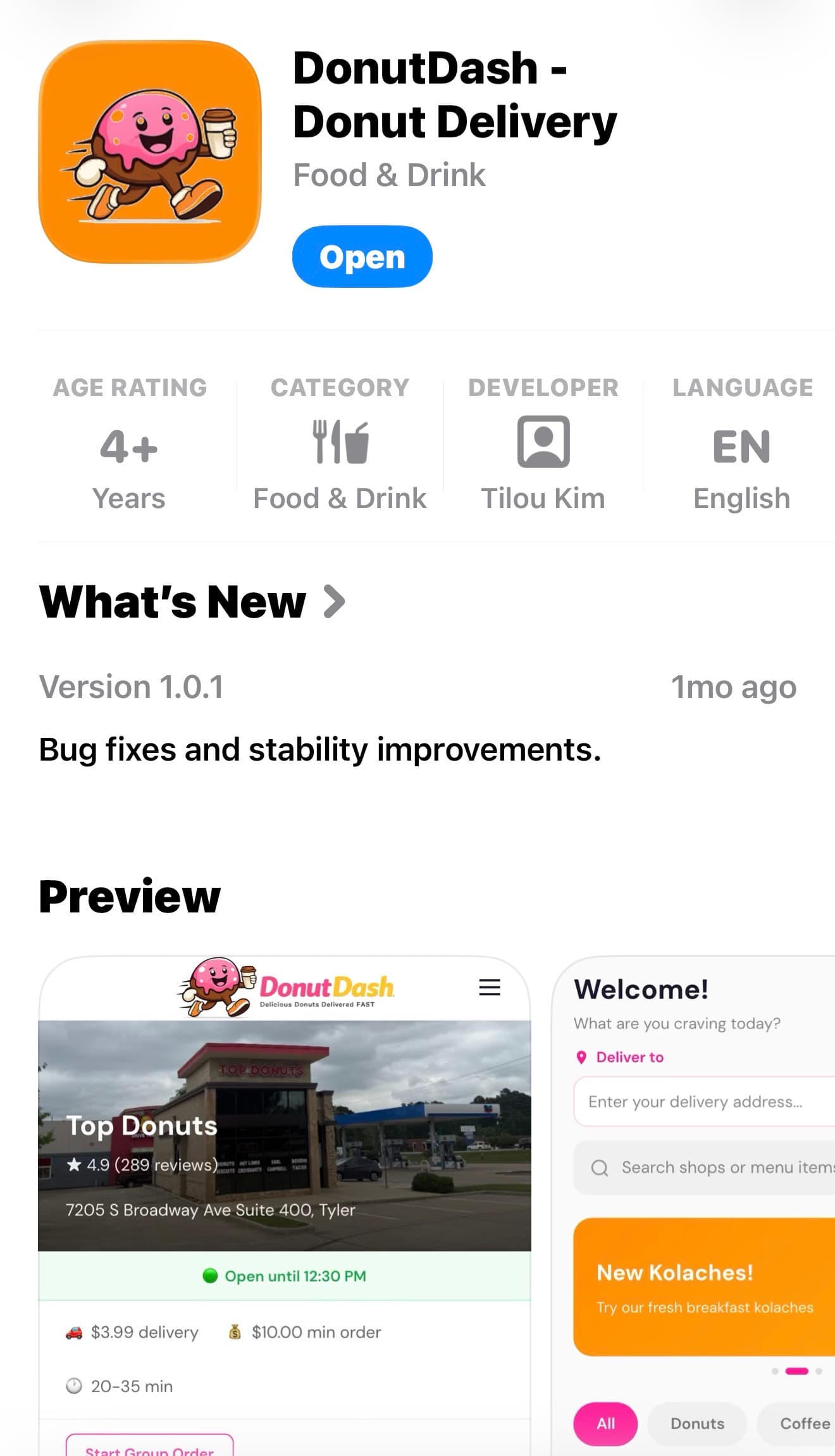 DonutDash customer app — App Store listing showing app icon, ratings, and preview screens